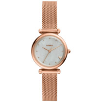 Fossil Women's Mini Carlie Mother of Pearl Dial Rose Gold Mesh Stainless Steel Watch ES4505